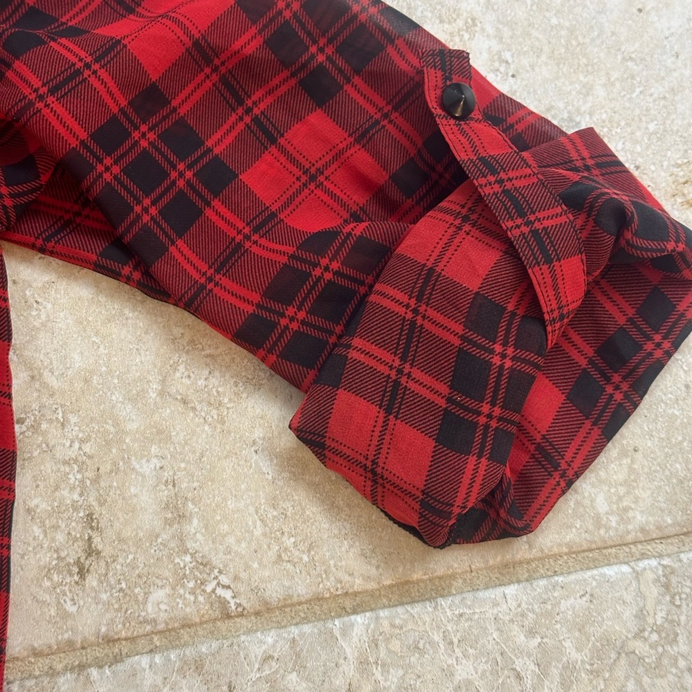 Hi/Lo Sheer Black and Red Plaid, Long Sleeve or 3/4 Button Sleeves Blouse - Picture 5 of 6